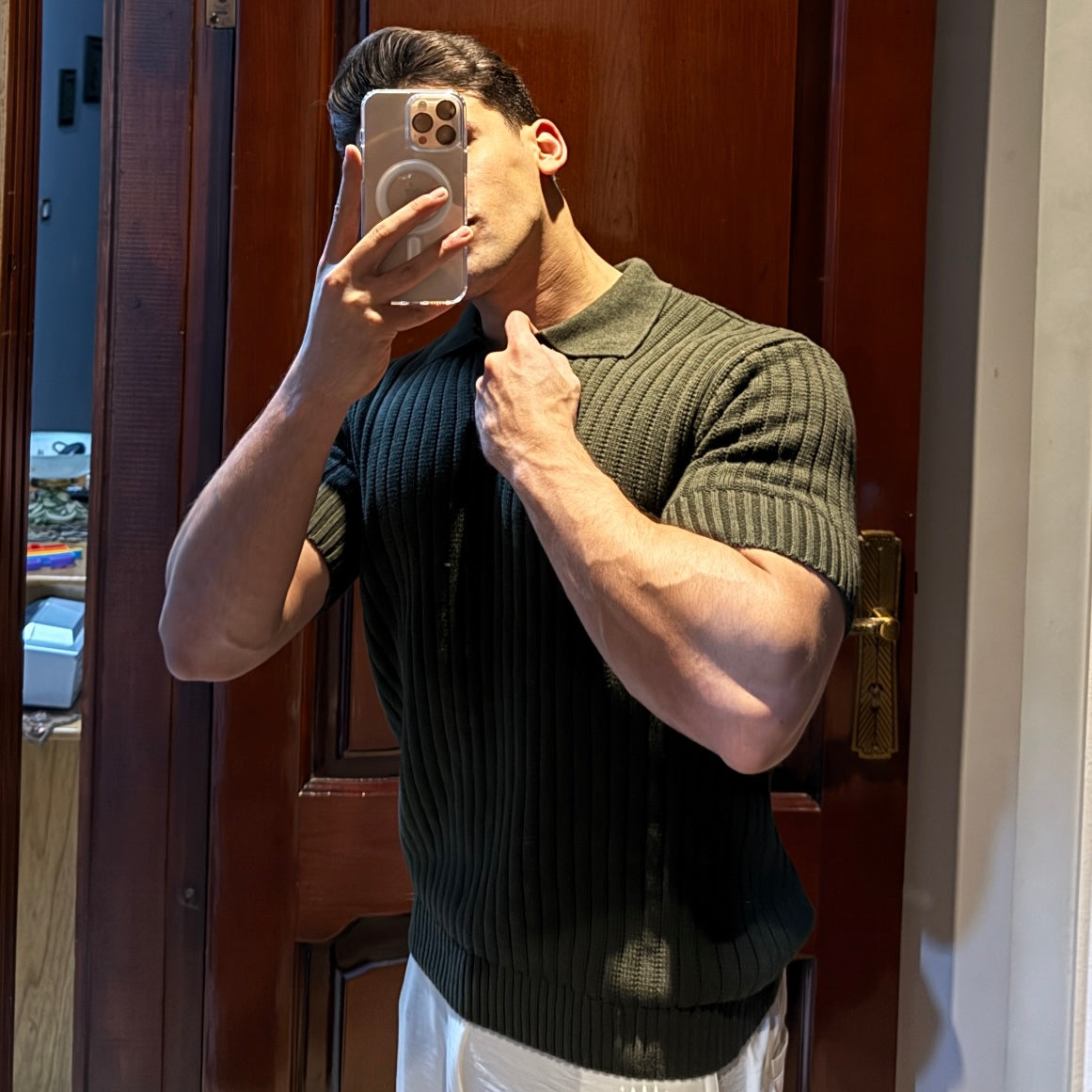 Men's Olive Green Knitted Polo T-Shirt