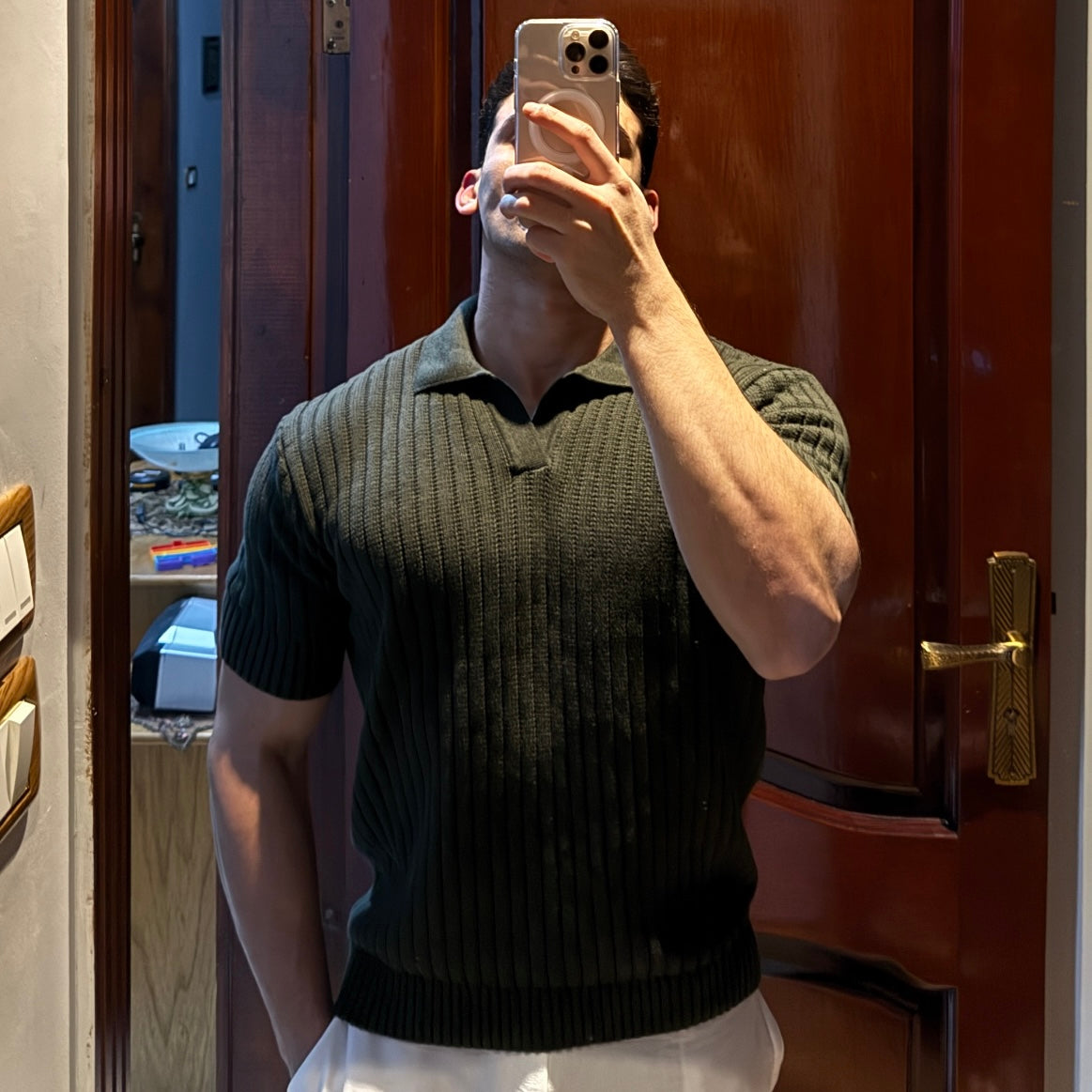 Men's Olive Green Knitted Polo T-Shirt
