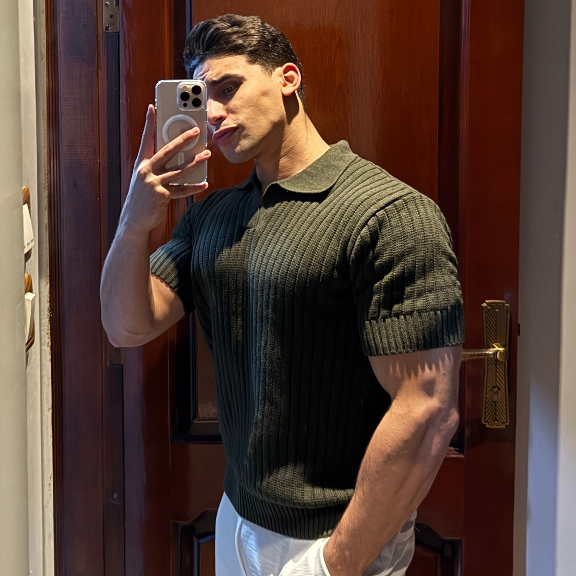 Men's Olive Green Knitted Polo T-Shirt